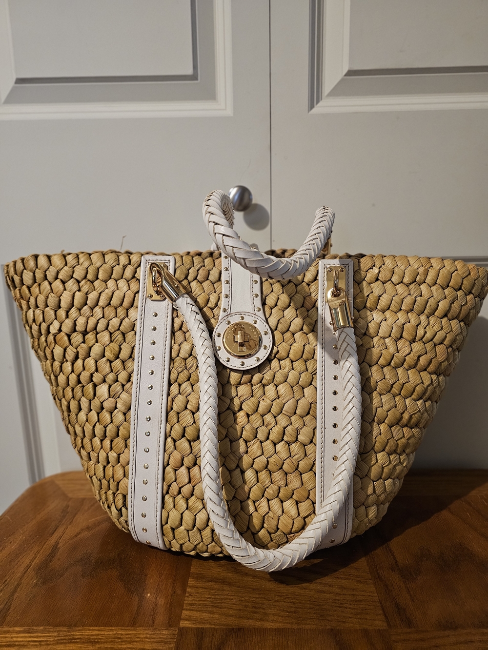 Michael Kors XL Woven Straw Beach Bag with White Trim